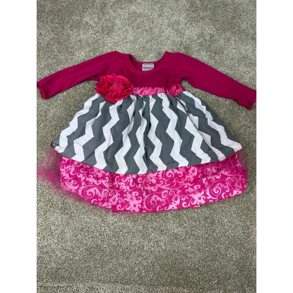 She Bloom Girls 4T Dress Pink Chevron Damask Tiered Tutu USA Twirl Matilda Jane